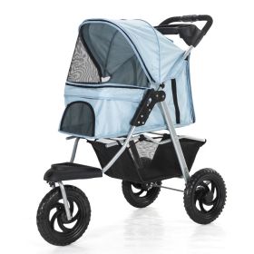 Three Wheel Folding Pet Stroller, Dog Jogger Travel Cats Carrier Adjustable Canopy Storage Brake Mesh Window (Color: Light Blue)