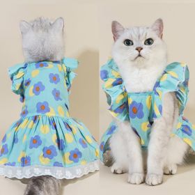 Spring And Summer Dog Clothes Cat Clothing Pet Cotton Floral Slip Dress Mesh Skirt Dress (Option: Green Flowers-M)